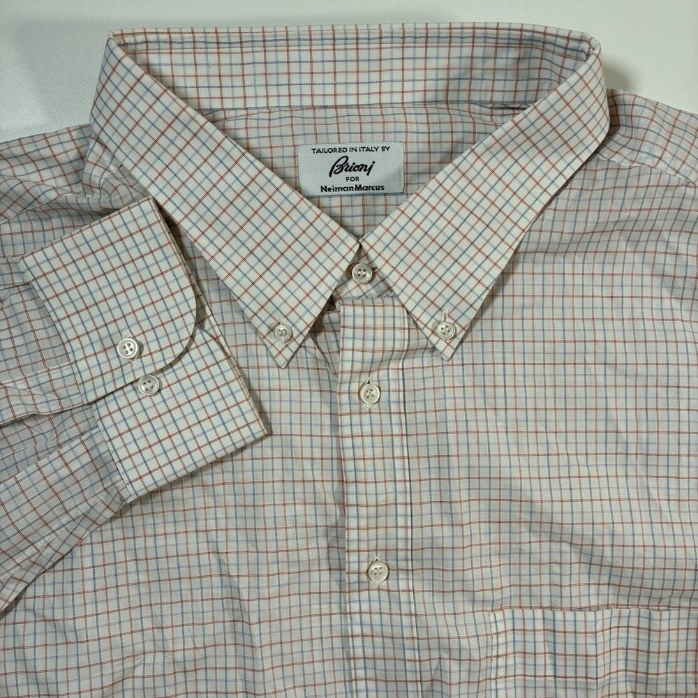 NEW BRIONI Shirt 4XL White Red Blue Check Made in Italy Button Down Oxford‎